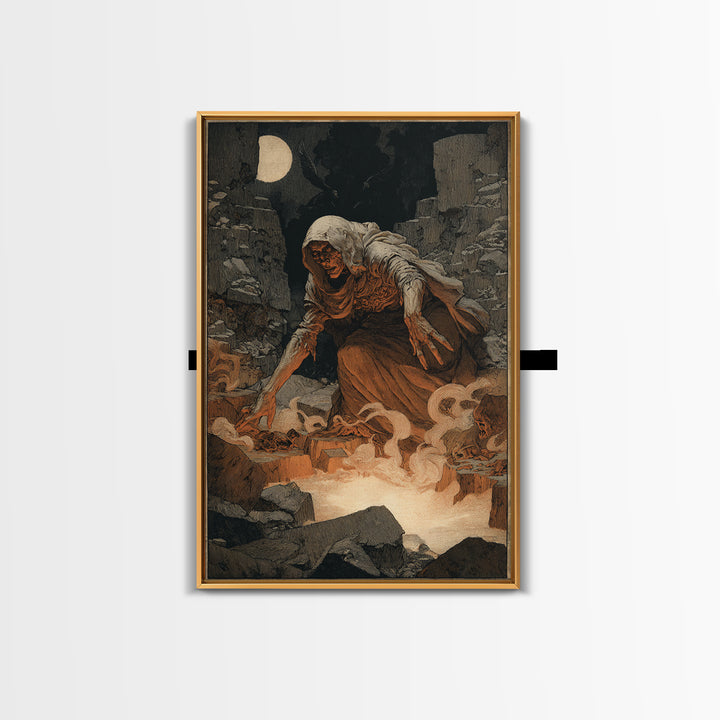 The Cave Oracle, Symbolist Etching Art, Vertical Wall Art, Dark Halloween Decor, Framed Canvas Print, Halloween Wall Art