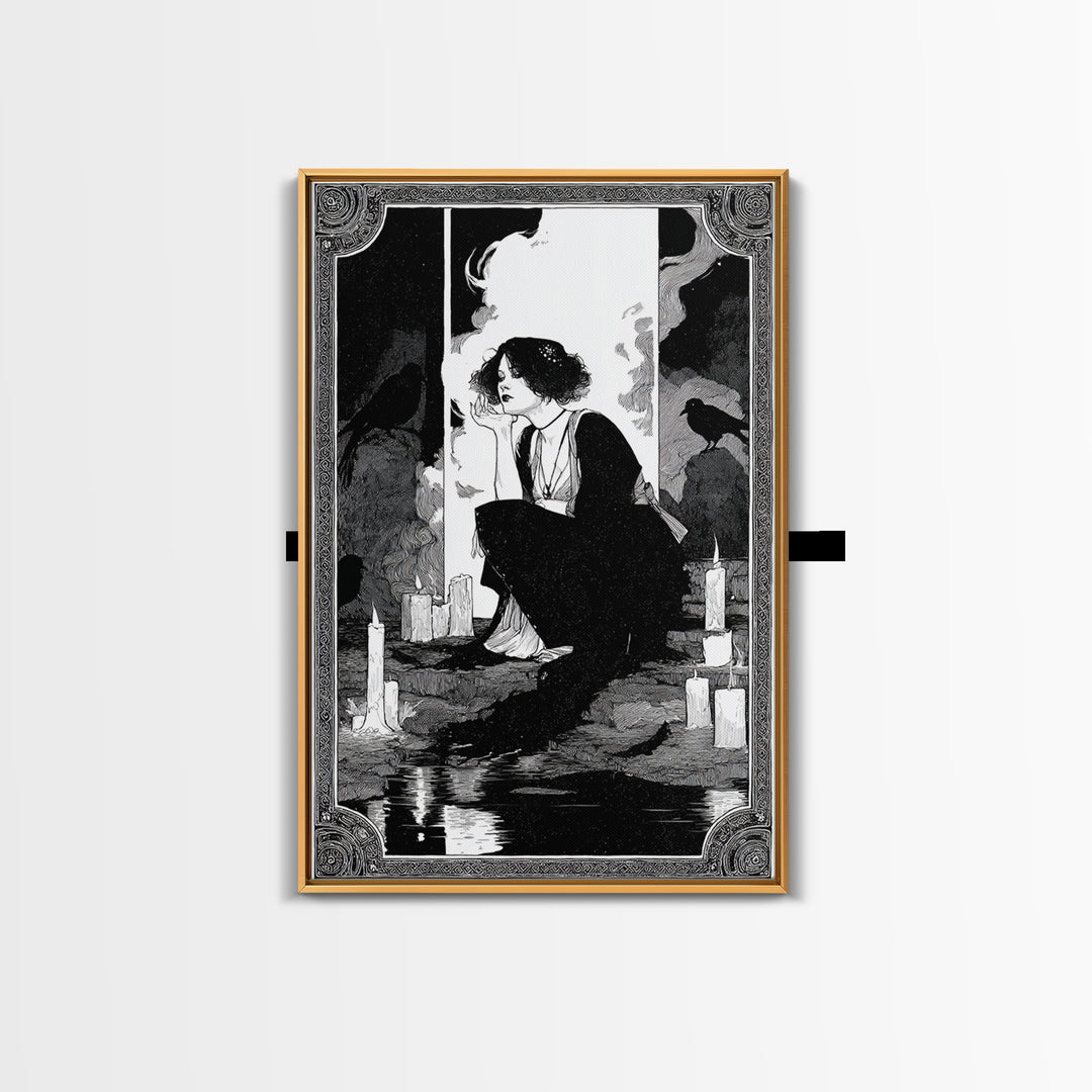 The Cave Oracle, Decadent Line Art, Vertical Wall Art, Gothic Horror Wall Art, Canvas Print, Halloween Wall Art