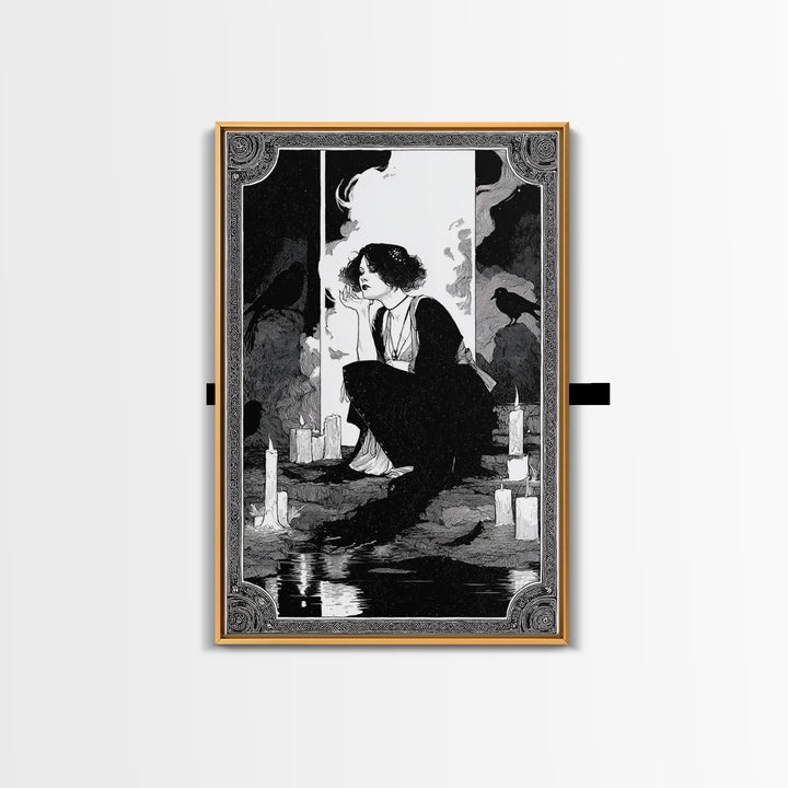 The Cave Oracle, Decadent Line Art, Vertical Wall Art, Gothic Horror Wall Art, Canvas Print, Halloween Wall Art