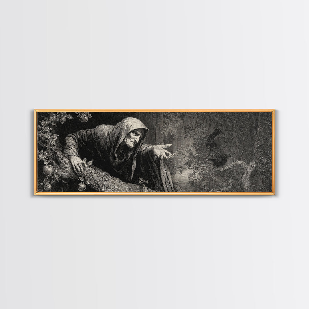 The Orchard Hag, Gothic Engraving Art, Extra Wide Wall Art, Gothic Horror Wall Art, Framed Canvas Print, Halloween Wall Art
