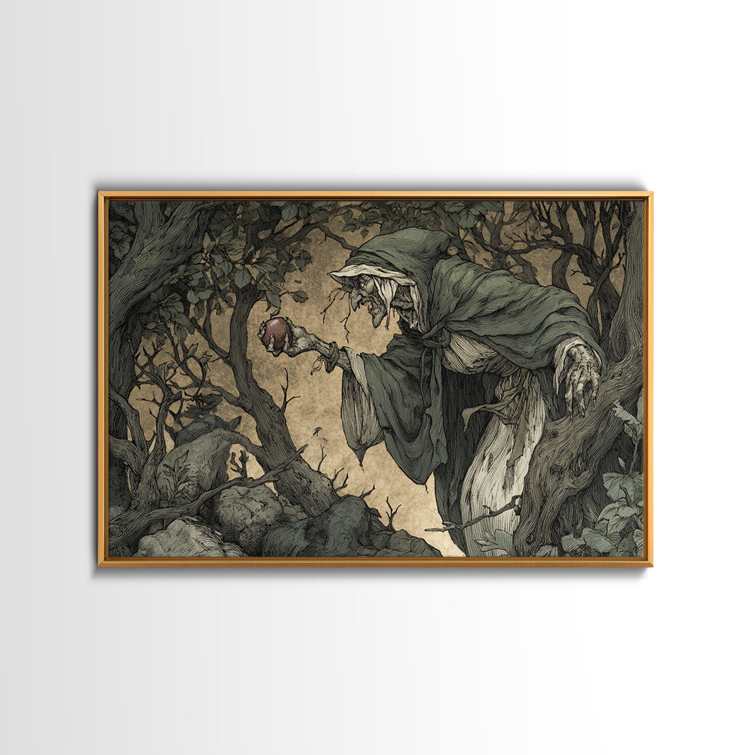 The Orchard Hag, Gothic Storybook Art, Landscape Wall Art, Dark Halloween Decor, Framed Canvas Print, Halloween Wall Art