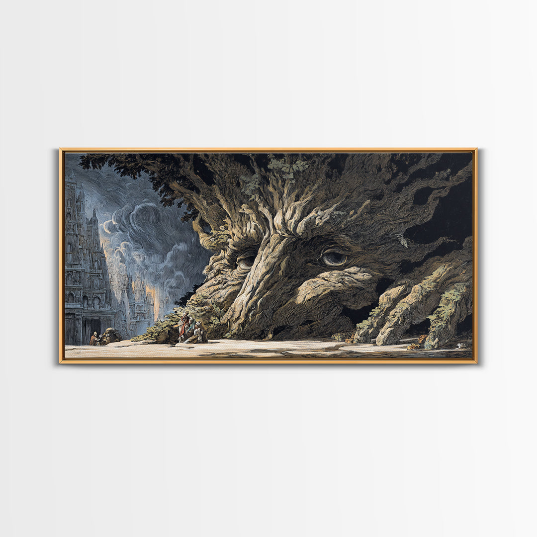 The Hollow-Tree Monster, Apocalyptic Romantic Art, Wide Panoramic Art, Dark Fantasy Wall Art, Framed Canvas Print, Halloween Wall Art