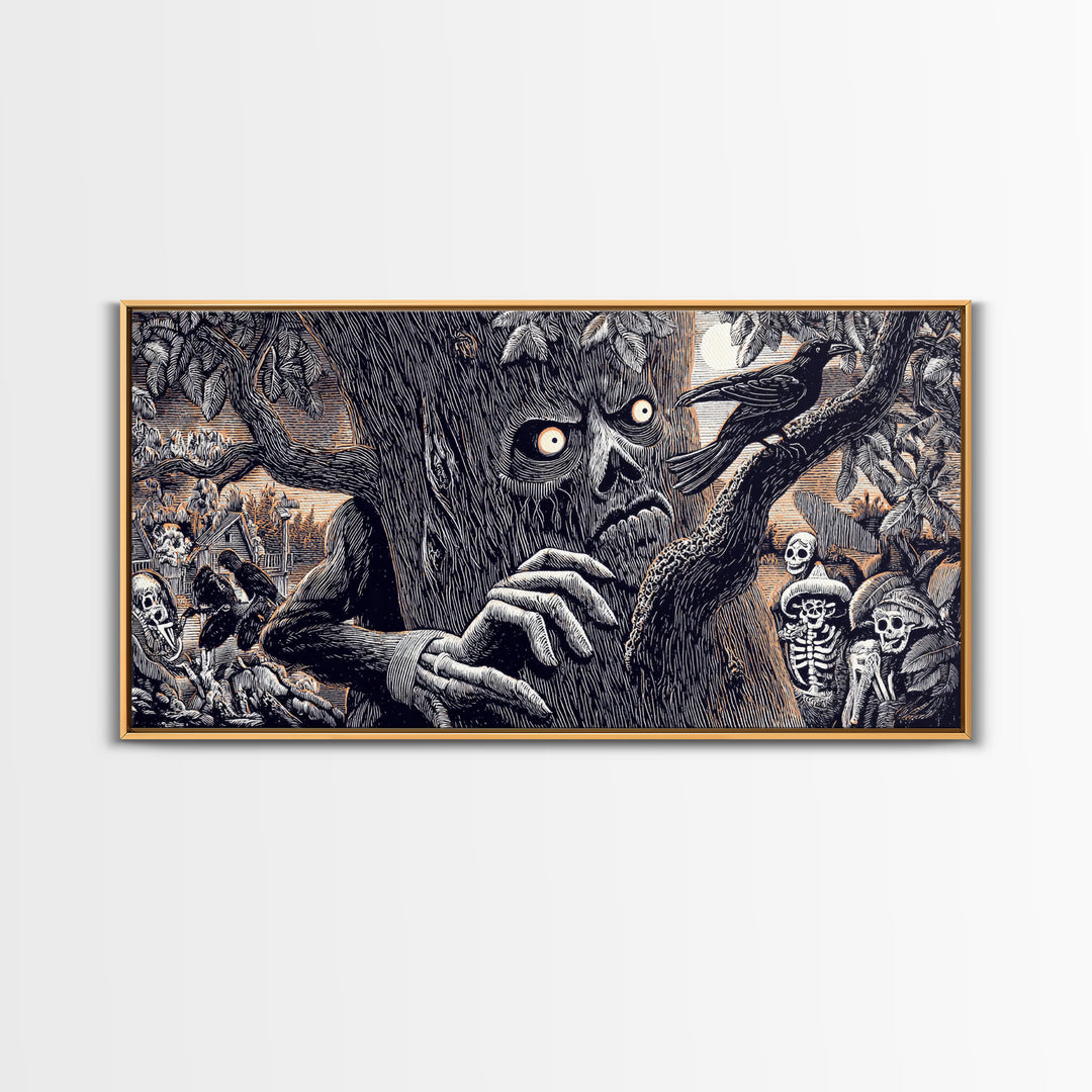 The Hollow-Tree Monster, Macabre Folk Print Art, Wide Panoramic Art, Macabre Wall Art, Framed Canvas Print, Halloween Wall Art