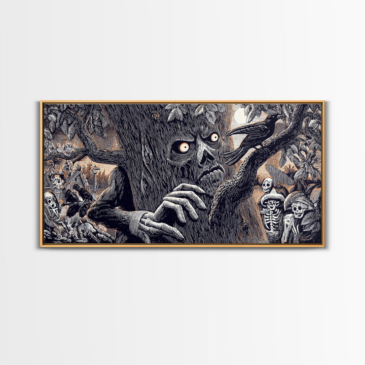 The Hollow-Tree Monster, Macabre Folk Print Art, Wide Panoramic Art, Macabre Wall Art, Framed Canvas Print, Halloween Wall Art