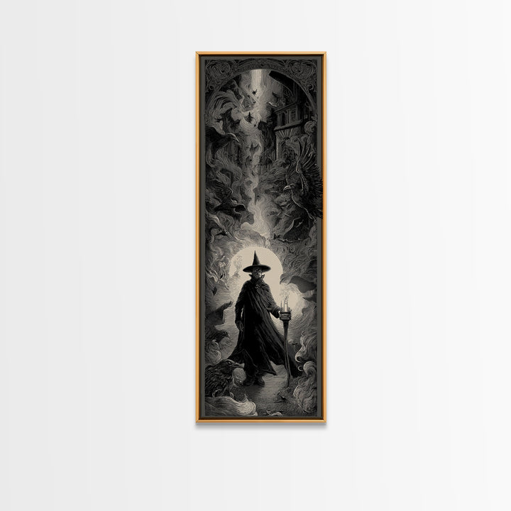 The Crossroads Spirit, Gothic Engraving Art, Tall Narrow Wall Art, Dark Halloween Decor, Framed Canvas Print, Halloween Wall Art