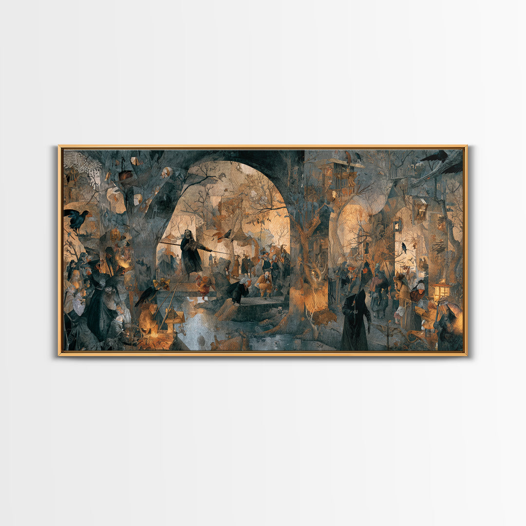 The Crossroads Spirit, Northern Renaissance Horror, Wide Panoramic Art, Macabre Wall Art, Framed Canvas Print, Halloween Wall Art