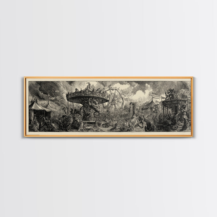 The Abandoned Carnival, Renaissance Engraving Art, Extra Wide Wall Art, Dark Fantasy Wall Art, Canvas Print, Halloween Wall Art
