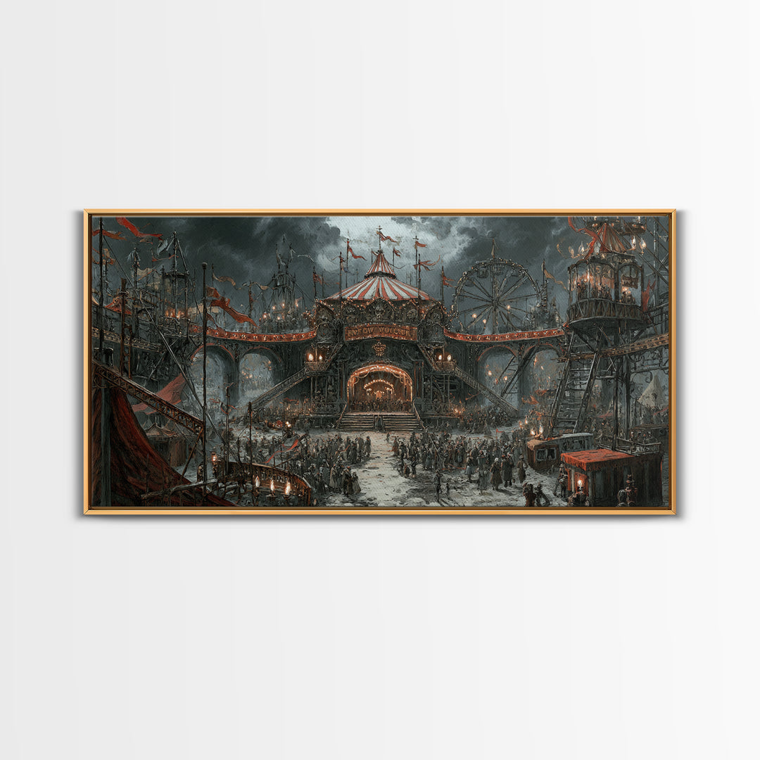 The Abandoned Carnival, Architectural Etching Art, Wide Panoramic Art, Macabre Wall Art, Framed Canvas Print
