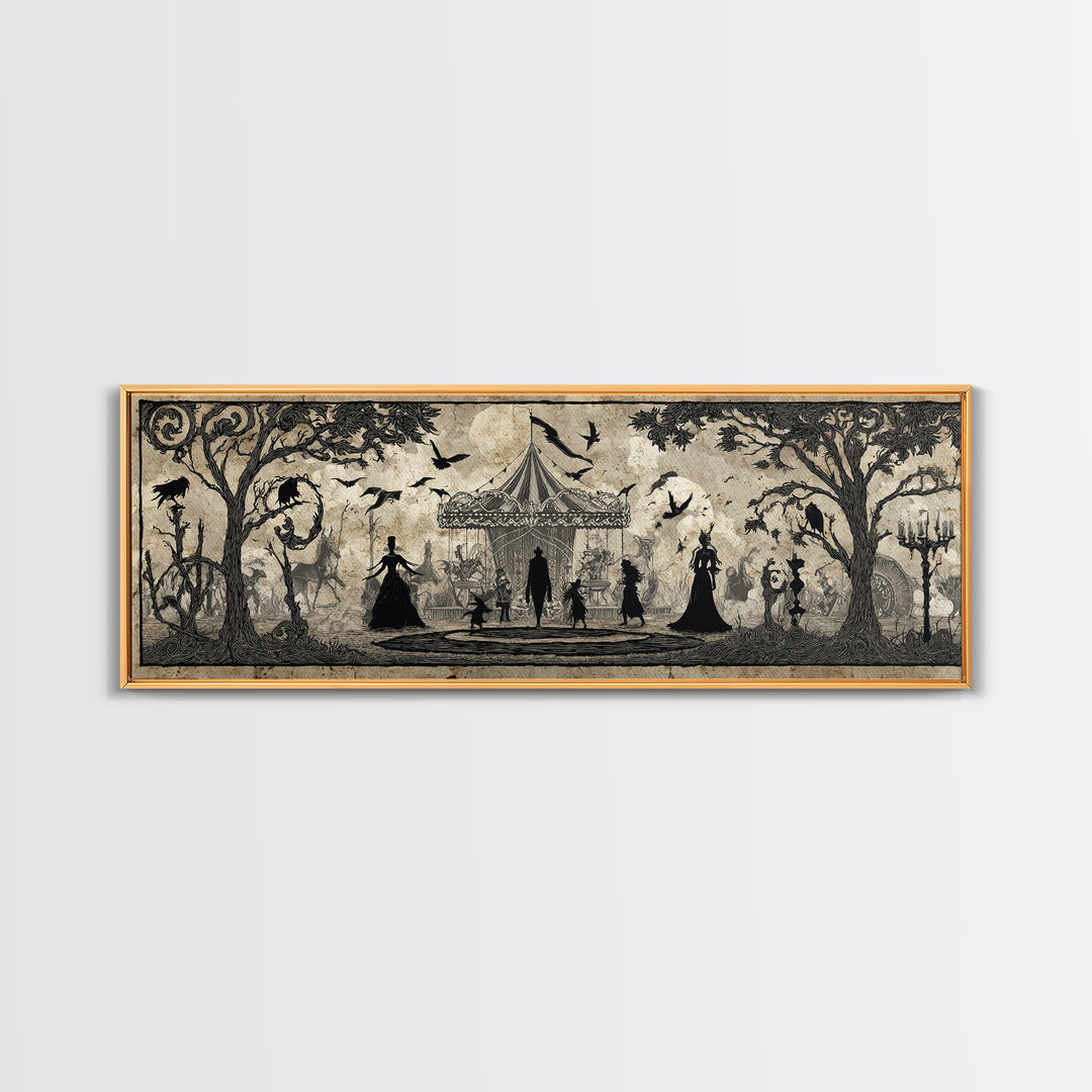 The Abandoned Carnival, Decadent Line Art, Extra Wide Wall Art, Dark Fantasy Wall Art, Framed Canvas Print, Halloween Wall Art