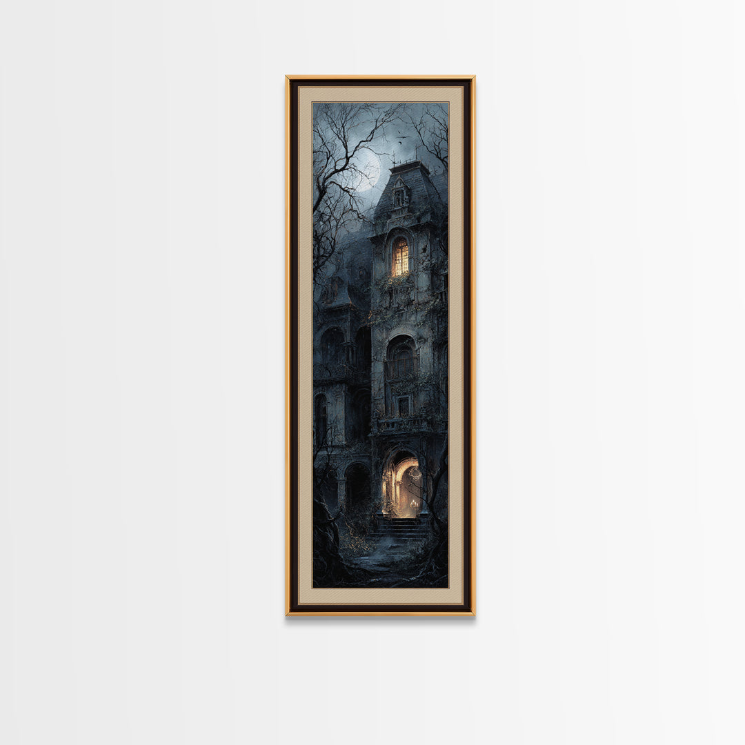 The Haunted Manor, Gothic Engraving Art, Tall Narrow Wall Art, Macabre Wall Art, Framed Canvas Print, Halloween Wall Art