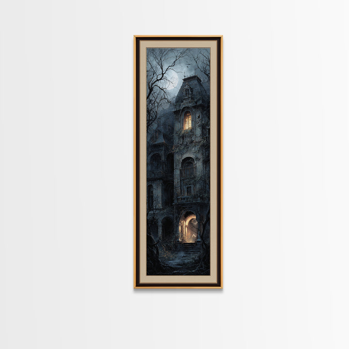 The Haunted Manor, Gothic Engraving Art, Tall Narrow Wall Art, Macabre Wall Art, Framed Canvas Print, Halloween Wall Art