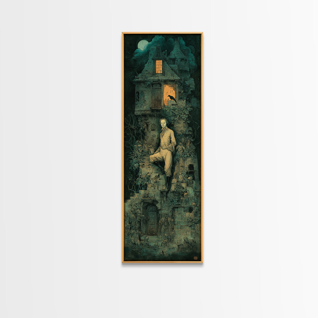 The Haunted Manor, Medieval Grotesque Art, Tall Narrow Wall Art, Dark Halloween Decor, Framed Canvas Print, Halloween Wall Art