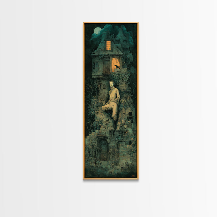 The Haunted Manor, Medieval Grotesque Art, Tall Narrow Wall Art, Dark Halloween Decor, Framed Canvas Print, Halloween Wall Art