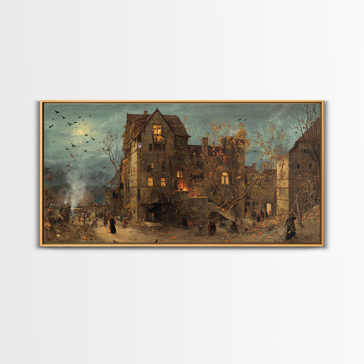 The Haunted Manor, Northern Renaissance Horror, Wide Panoramic Art, Dark Halloween Decor, Canvas Print, Halloween Wall Art