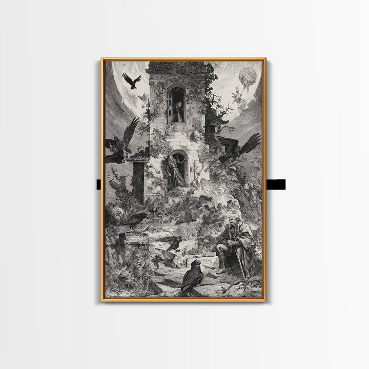 The Haunted Manor, Renaissance Engraving Art, Vertical Wall Art, Macabre Wall Art, Canvas Print, Halloween Wall Art, Spooky Wall Decor