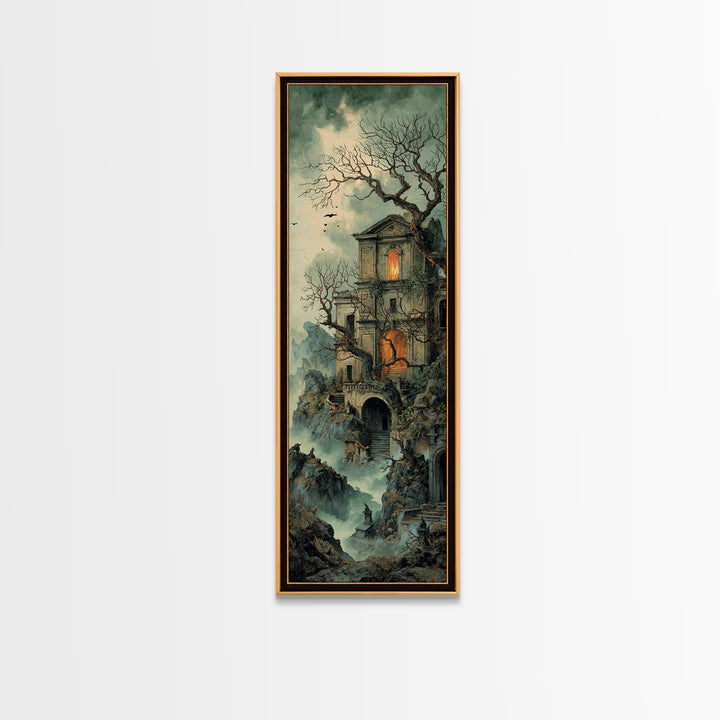The Haunted Manor, Baroque Witchcraft Art, Tall Narrow Wall Art, Macabre Wall Art, Framed Canvas Print, Halloween Wall Art