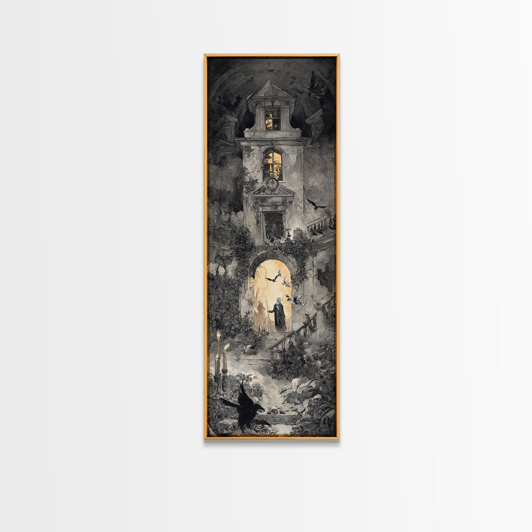 The Haunted Manor, Architectural Etching Art, Tall Narrow Wall Art, Dark Fantasy Wall Art, Canvas Print, Halloween Wall Art