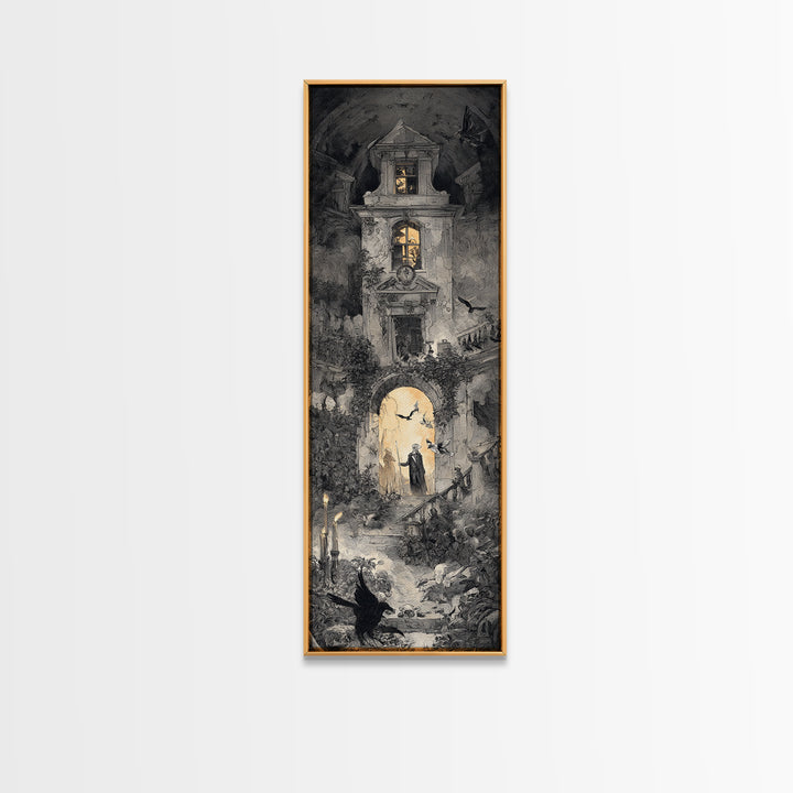 The Haunted Manor, Architectural Etching Art, Tall Narrow Wall Art, Dark Fantasy Wall Art, Canvas Print, Halloween Wall Art