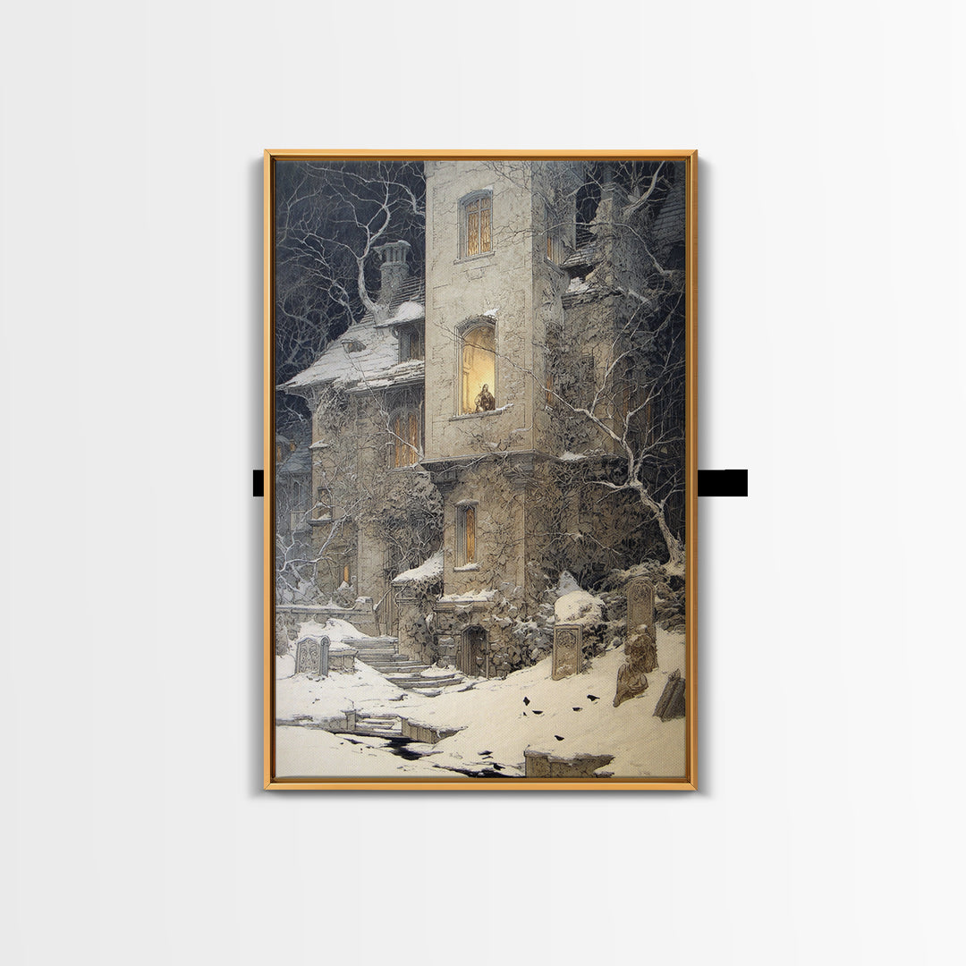 The Haunted Manor, Symbolist Death Art, Vertical Wall Art, Dark Fantasy Wall Art, Canvas Print, Halloween Wall Art