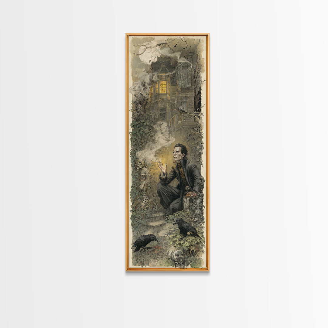 The Haunted Manor, Symbolist Etching Art, Tall Narrow Wall Art, Dark Fantasy Wall Art, Framed Canvas Print, Halloween Wall Art