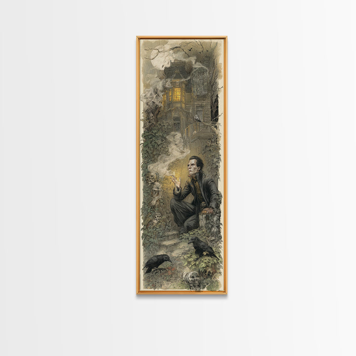 The Haunted Manor, Symbolist Etching Art, Tall Narrow Wall Art, Dark Fantasy Wall Art, Framed Canvas Print, Halloween Wall Art
