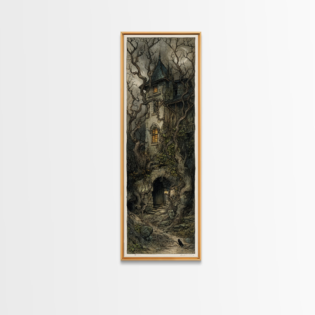 The Haunted Manor, Gothic Storybook Art, Tall Narrow Wall Art, Macabre Wall Art, Canvas Print, Halloween Wall Art, Statement Wall Art