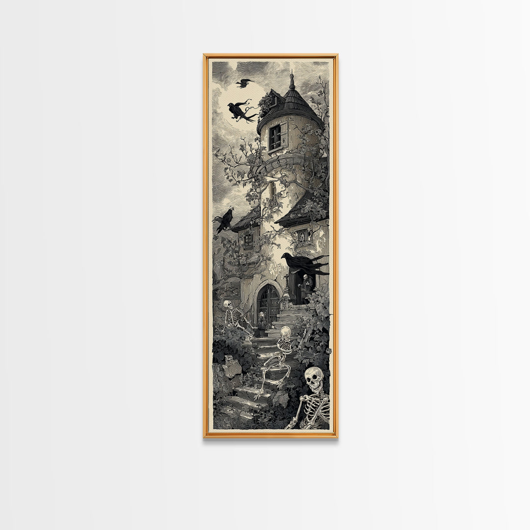 The Haunted Manor, Macabre Folk Print Art, Tall Narrow Wall Art, Gothic Horror Wall Art, Canvas Print, Halloween Wall Art