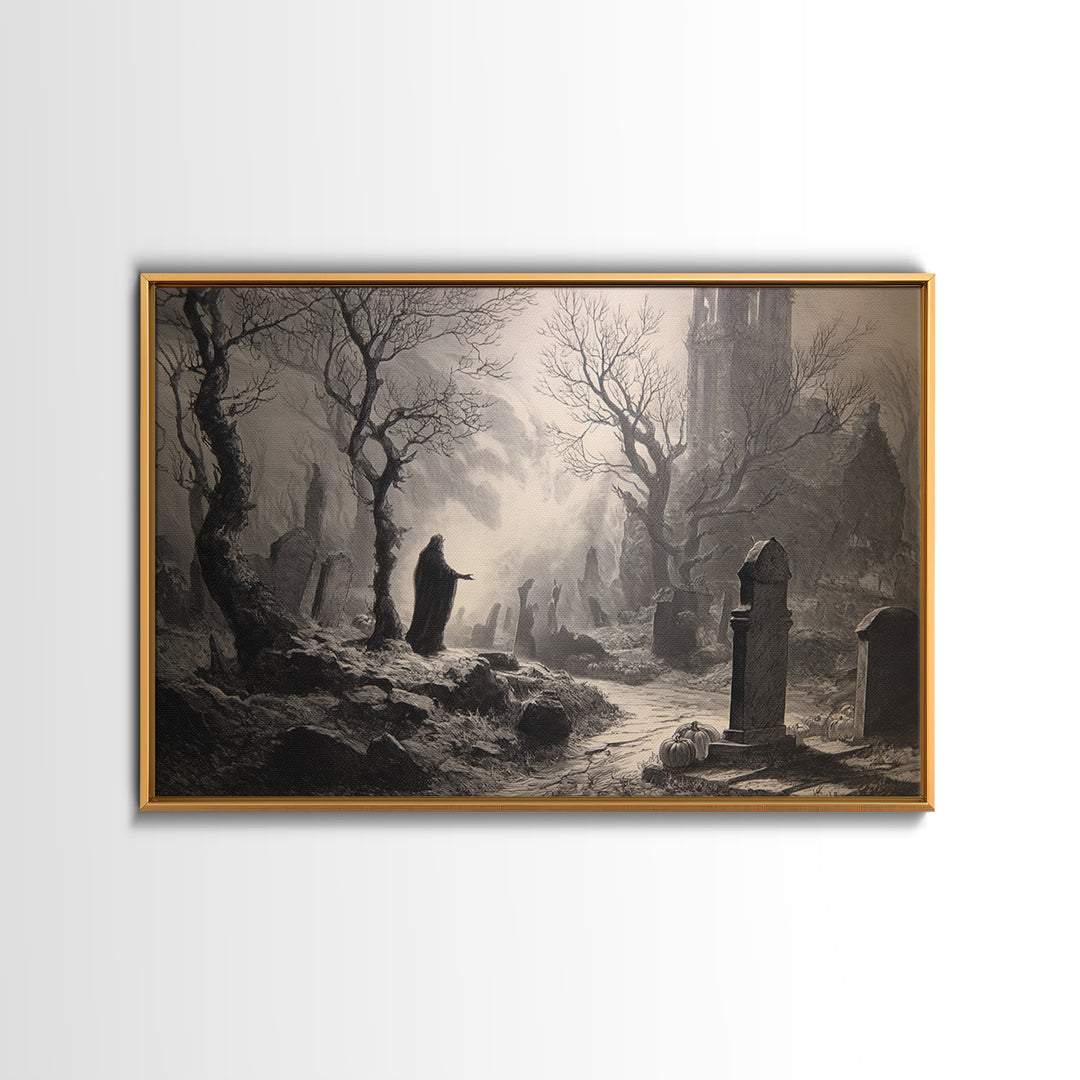 The Moonlit Cemetery, Gothic Engraving Art, Landscape Wall Art, Gothic Horror Wall Art, Canvas Print, Halloween Wall Art