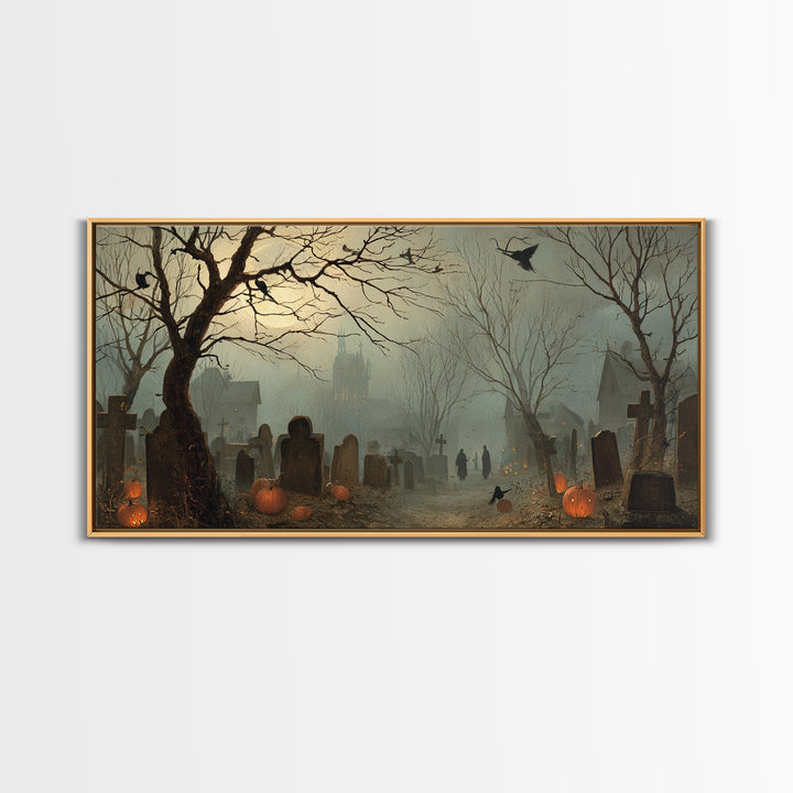 The Moonlit Cemetery, Northern Renaissance Horror, Wide Panoramic Art, Gothic Horror Wall Art, Framed Canvas Print