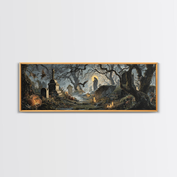 The Moonlit Cemetery, Dark Renaissance Art, Extra Wide Wall Art, Dark Fantasy Wall Art, Canvas Print, Halloween Wall Art