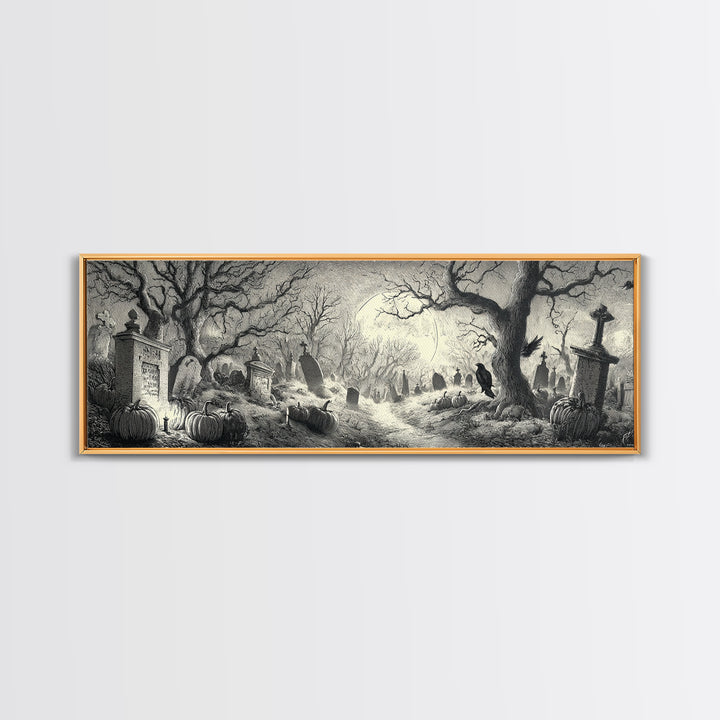 The Moonlit Cemetery, Renaissance Engraving Art, Extra Wide Wall Art, Macabre Wall Art, Canvas Print, Halloween Wall Art, Dark Fantasy Art