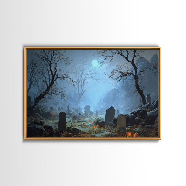 The Moonlit Cemetery, Baroque Witchcraft Art, Landscape Wall Art, Gothic Horror Wall Art, Framed Canvas Print, Halloween Wall Art