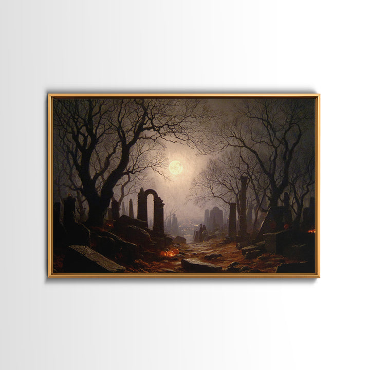 The Moonlit Cemetery, Romantic Gothic Landscape, Landscape Wall Art, Dark Fantasy Wall Art, Framed Canvas Print, Gothic Home Decor