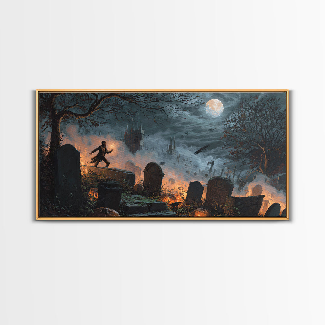 The Moonlit Cemetery, Apocalyptic Romantic Art, Wide Panoramic Art, Macabre Wall Art, Framed Canvas Print, Halloween Wall Art