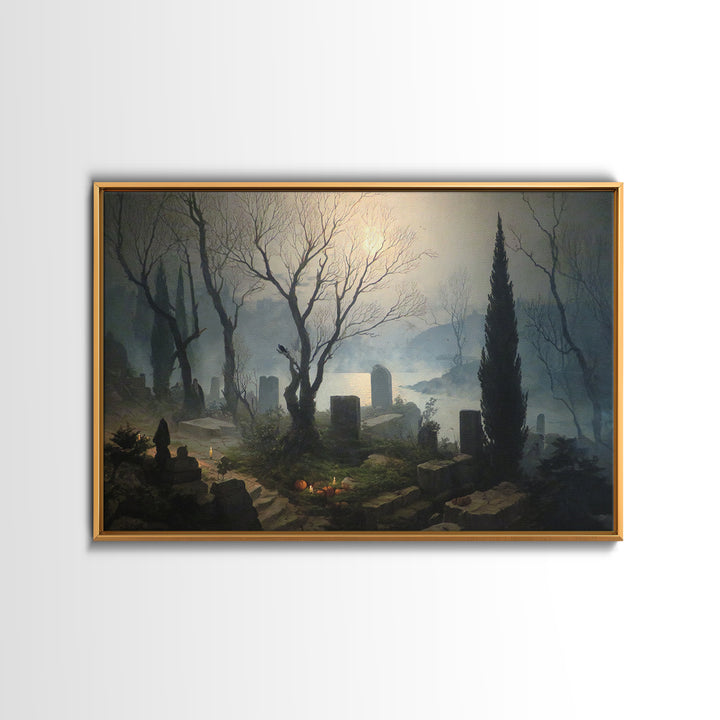The Moonlit Cemetery, Symbolist Gothic Landscape, Landscape Wall Art, Dark Fantasy Wall Art, Canvas Print, Halloween Wall Art