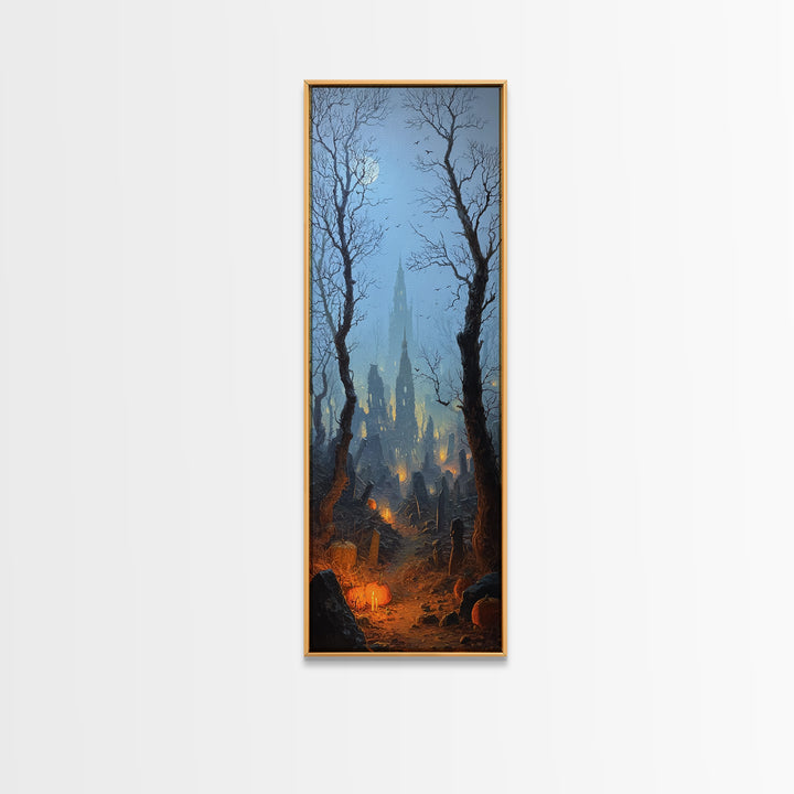 The Moonlit Cemetery, Surreal Apocalyptic Art, Tall Narrow Wall Art, Dark Halloween Decor, Canvas Print, Halloween Wall Art