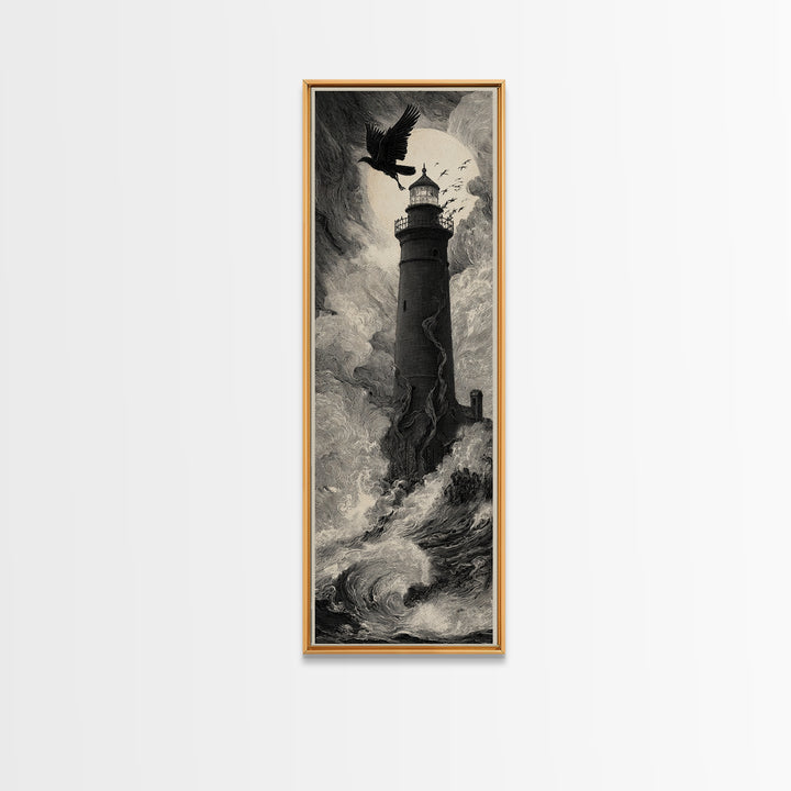 The Cursed Lighthouse, Gothic Engraving Art, Tall Narrow Wall Art, Dark Fantasy Wall Art, Framed Canvas Print, Halloween Wall Art