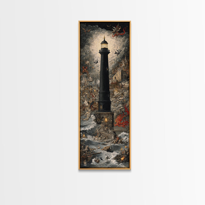 The Cursed Lighthouse, Medieval Grotesque Art, Tall Narrow Wall Art, Gothic Horror Wall Art, Canvas Print, Halloween Wall Art
