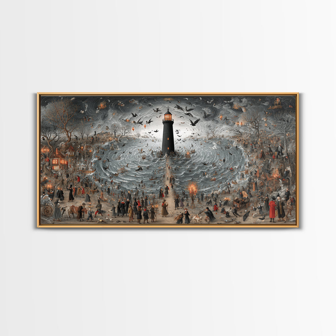 The Cursed Lighthouse, Northern Renaissance Horror, Wide Panoramic Art, Dark Halloween Decor, Canvas Print, Halloween Wall Art