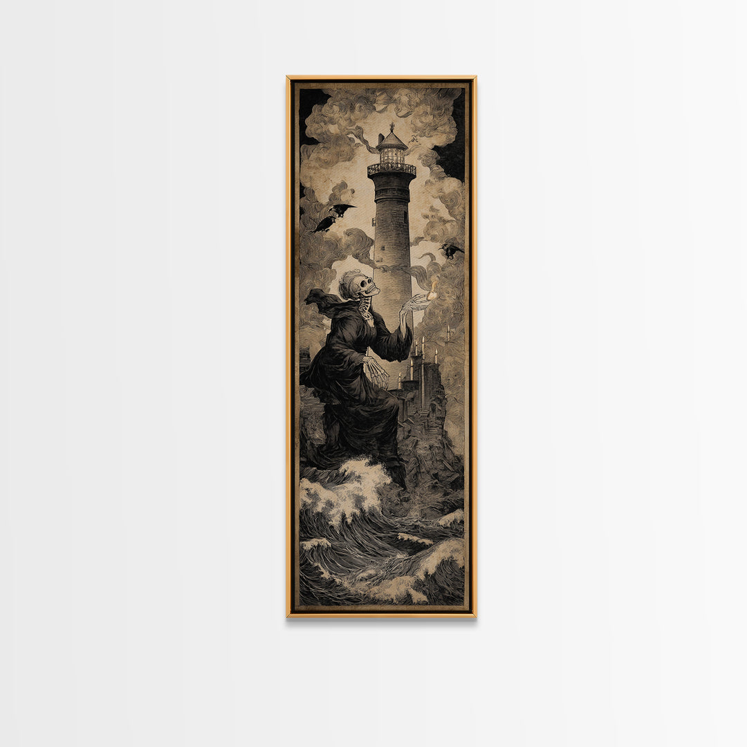 The Cursed Lighthouse, Danse Macabre Art, Tall Narrow Wall Art, Macabre Wall Art, Framed Canvas Print, Halloween Decor
