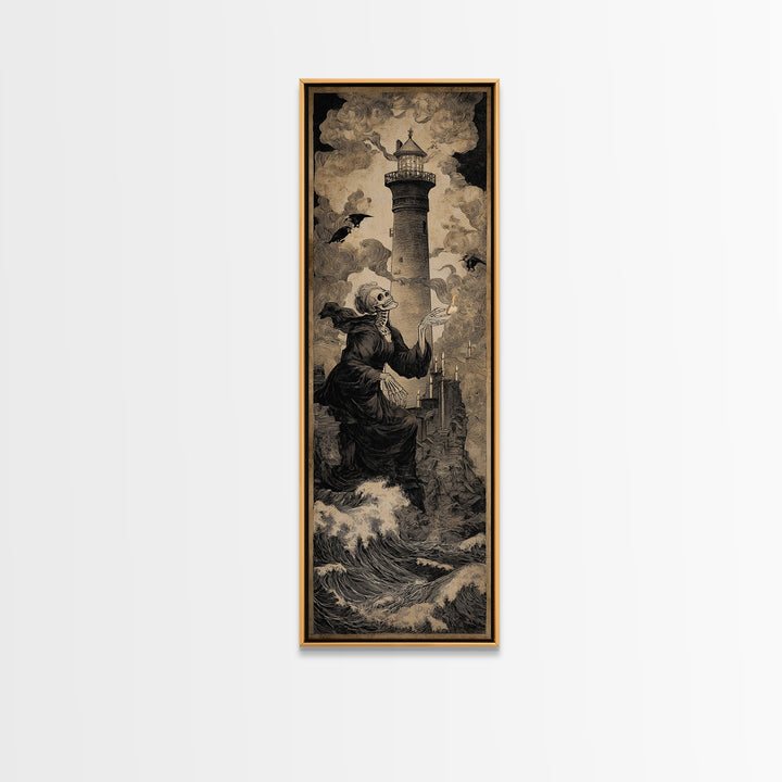 The Cursed Lighthouse, Danse Macabre Art, Tall Narrow Wall Art, Macabre Wall Art, Framed Canvas Print, Halloween Decor