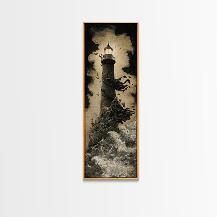 The Cursed Lighthouse, Baroque Witchcraft Art, Tall Narrow Wall Art, Macabre Wall Art, Framed Canvas Print, Halloween Wall Art