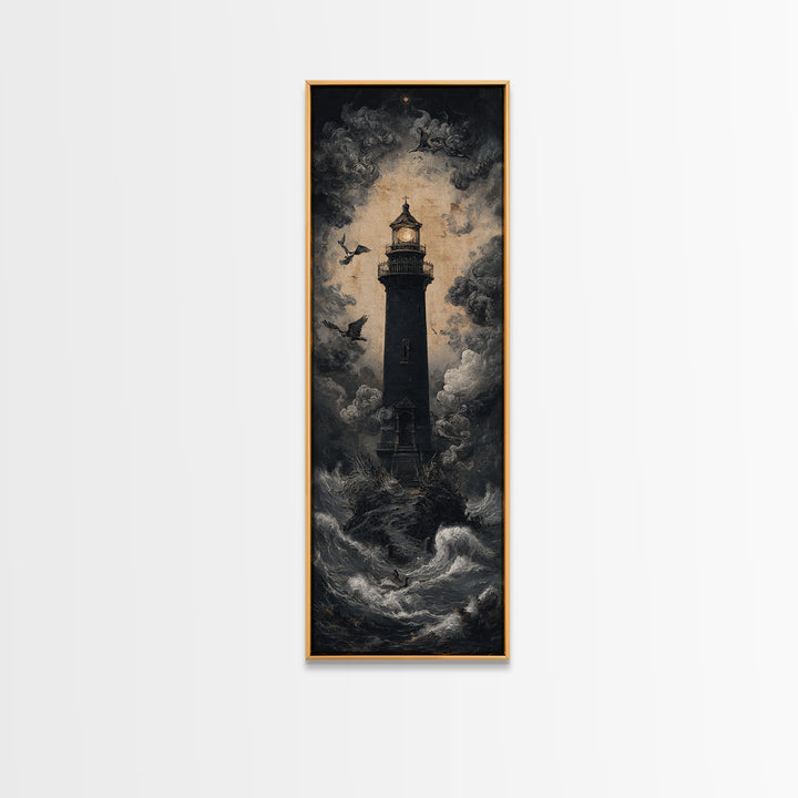 The Cursed Lighthouse, Dark Romantic Horror Art, Tall Narrow Wall Art, Macabre Wall Art, Framed Canvas Print, Halloween Wall Art