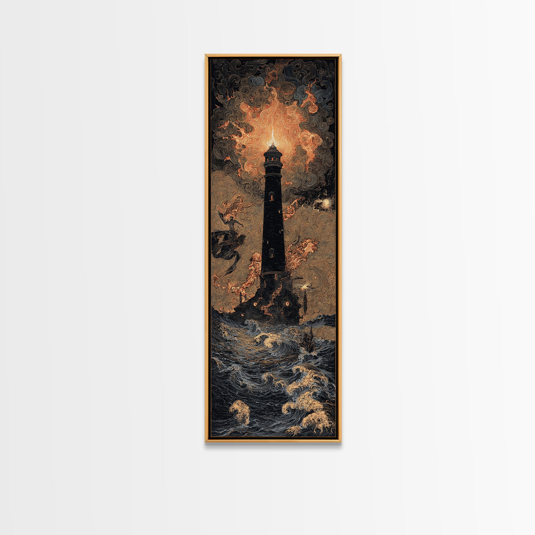 The Cursed Lighthouse, Visionary Gothic Art, Tall Narrow Wall Art, Dark Fantasy Wall Art, Framed Canvas Print, Halloween Wall Art