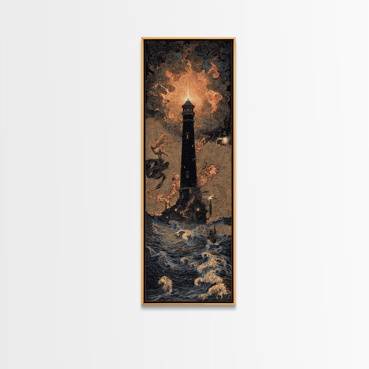 The Cursed Lighthouse, Visionary Gothic Art, Tall Narrow Wall Art, Dark Fantasy Wall Art, Framed Canvas Print, Halloween Wall Art