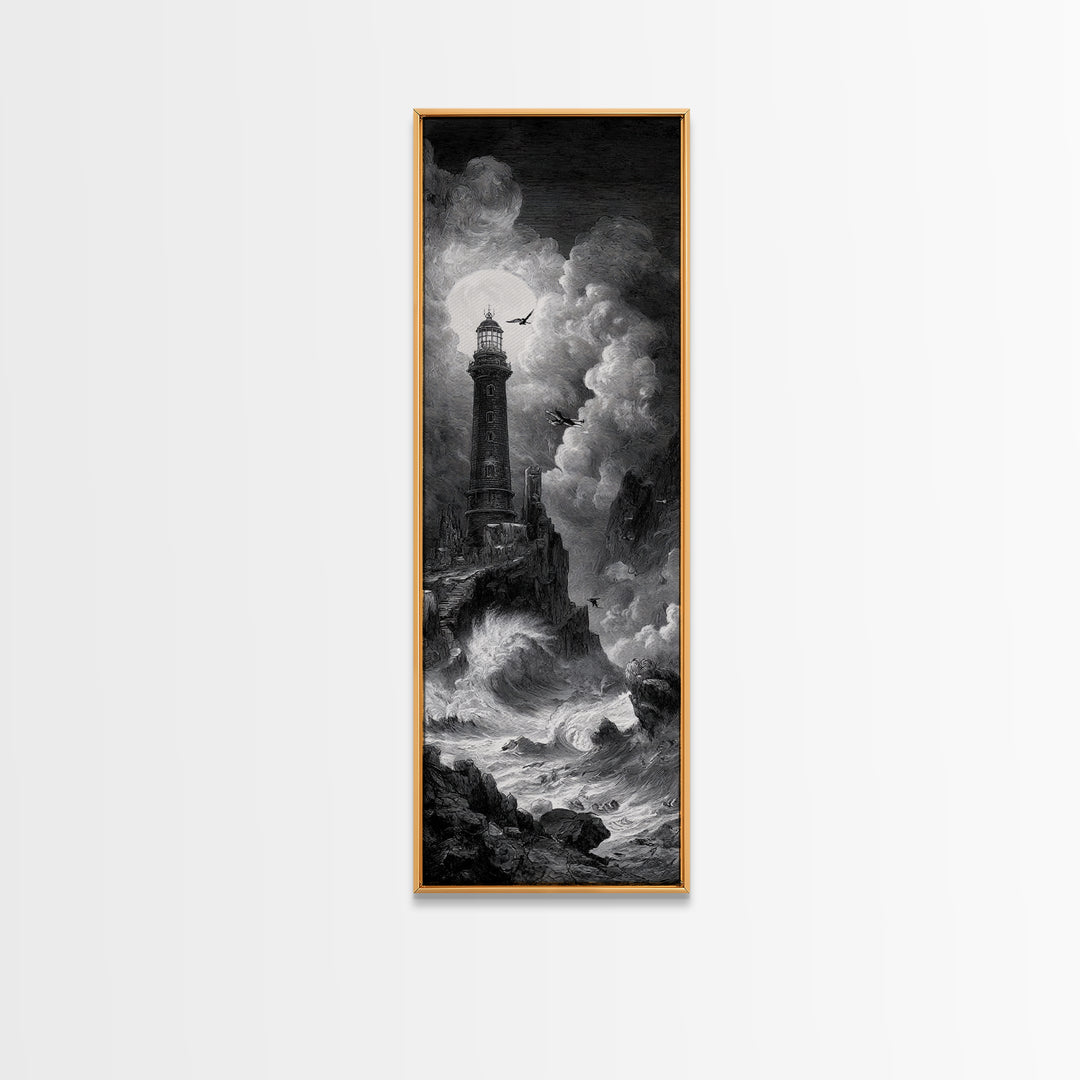 The Cursed Lighthouse, Architectural Etching Art, Tall Narrow Wall Art, Macabre Wall Art, Canvas Print, Halloween Wall Art