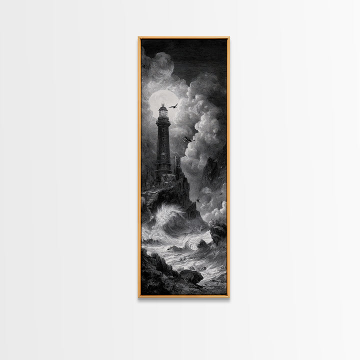 The Cursed Lighthouse, Architectural Etching Art, Tall Narrow Wall Art, Macabre Wall Art, Canvas Print, Halloween Wall Art