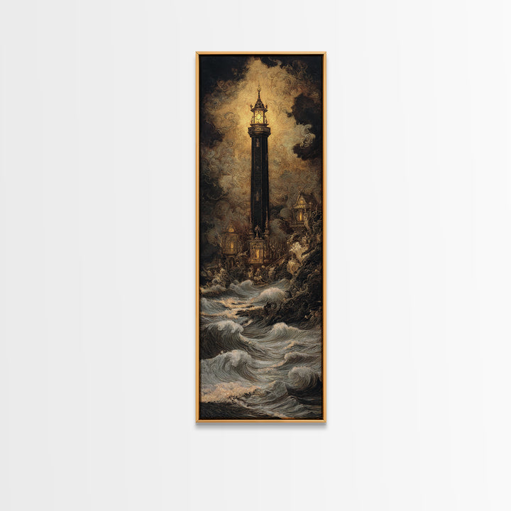 The Cursed Lighthouse, Ornate Symbolist Art, Tall Narrow Wall Art, Dark Halloween Decor, Framed Canvas Print, Halloween Wall Art