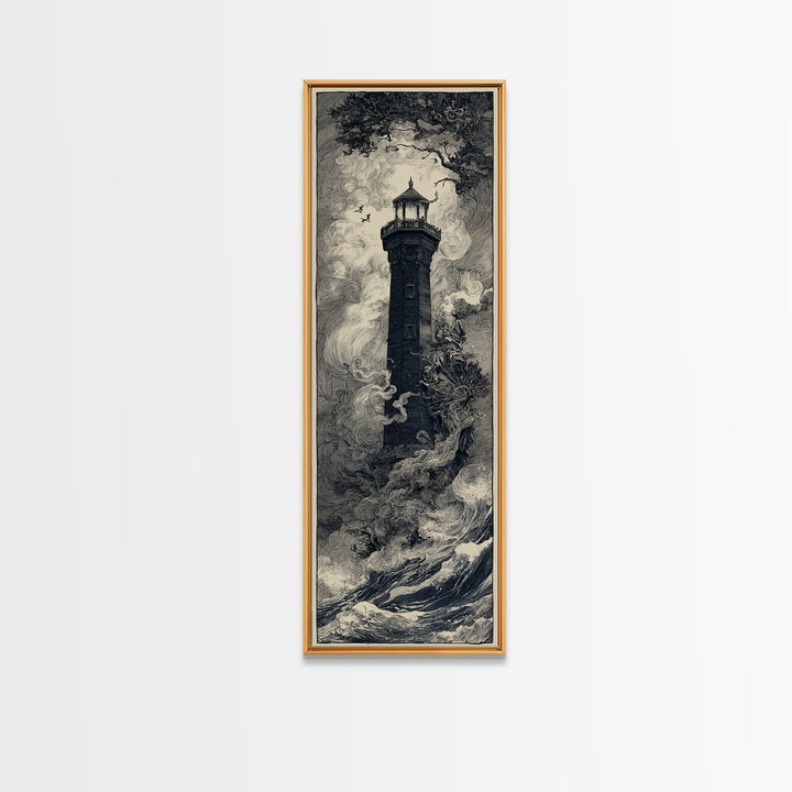 The Cursed Lighthouse, Gothic Storybook Art, Tall Narrow Wall Art, Macabre Wall Art, Canvas Print, Halloween Wall Art