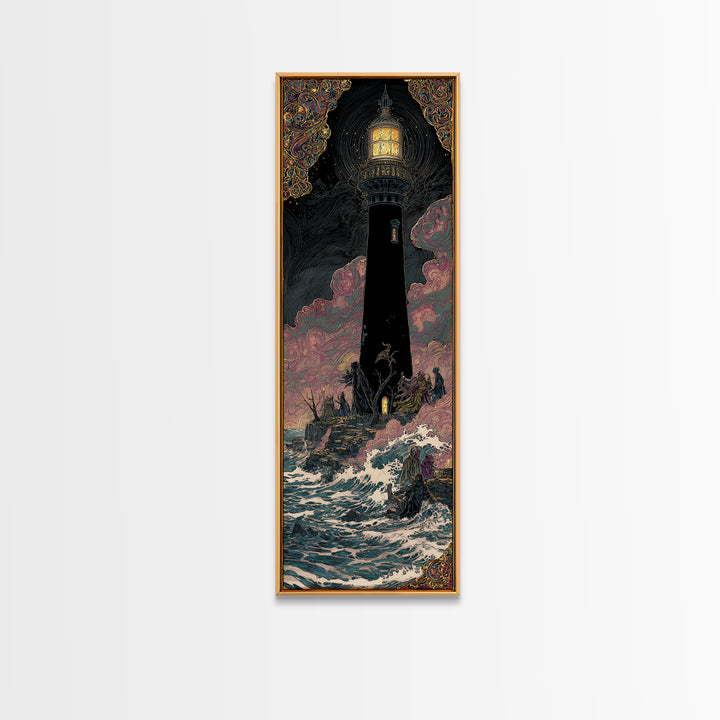 The Cursed Lighthouse, Stained Glass Gothic Art, Tall Narrow Wall Art, Dark Halloween Decor, Framed Canvas Print, Halloween Wall Art